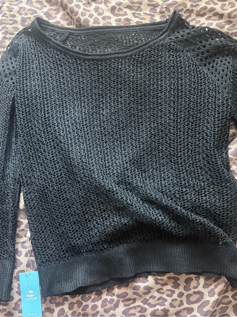 Cupshe Black Open-Weave Crewneck Sweater